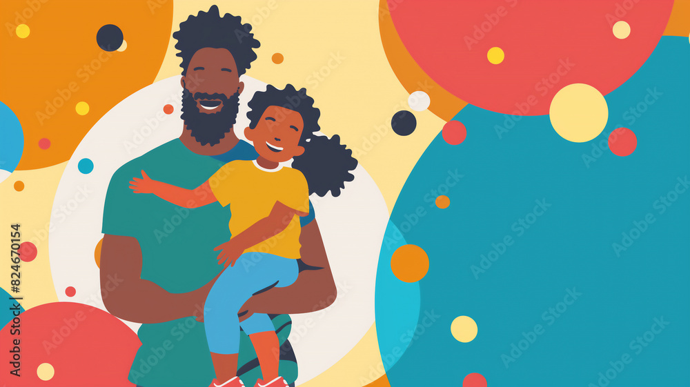 Illustration of a smiling father holding his happy daughter, set against a colorful background with large circles in various vibrant hues.