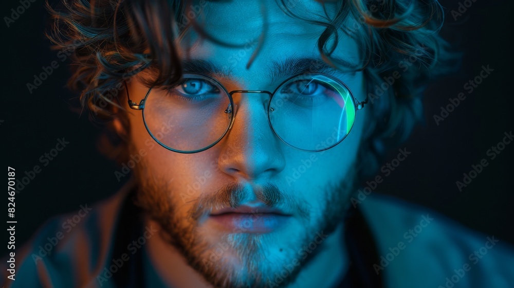 A man with glasses looking directly at the camera in a close-up portrait shot A man with glasses looking directly at the camera in a close-up portrait shot