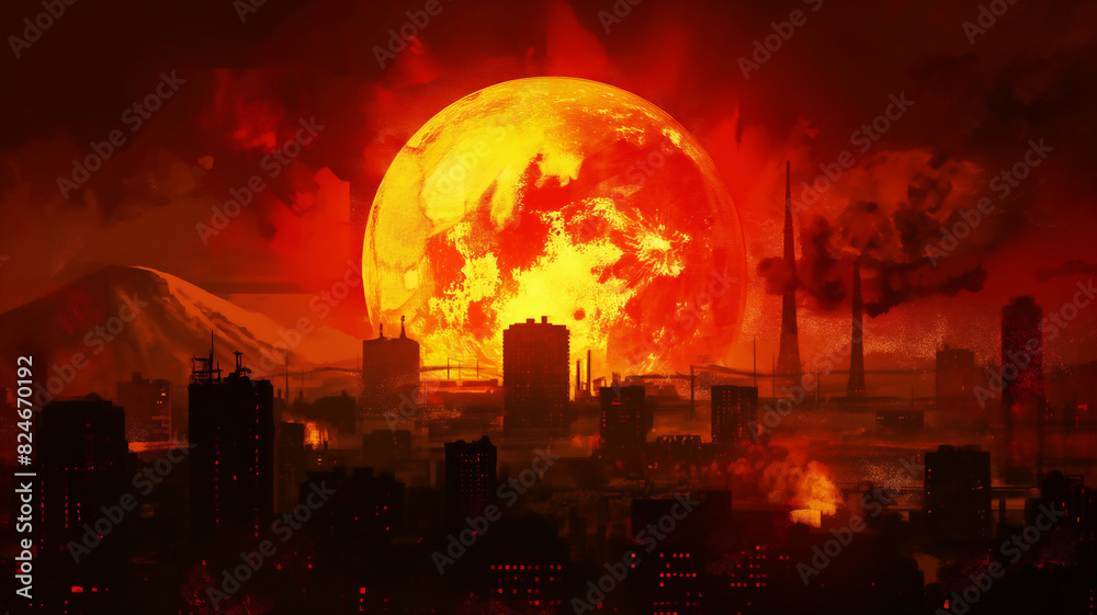 A dystopian cityscape with a massive fiery sun dominating the sky, casting an eerie red glow over dark silhouettes of buildings and industrial structures.