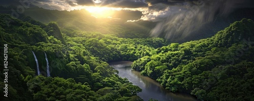 Majestic view of a lush green valley with a river and waterfalls under a dramatic sunset sky.