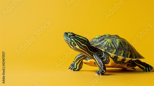D'Orbigny's slider or the black-bellied slider, tiger turtle  on yellow background, animal photography