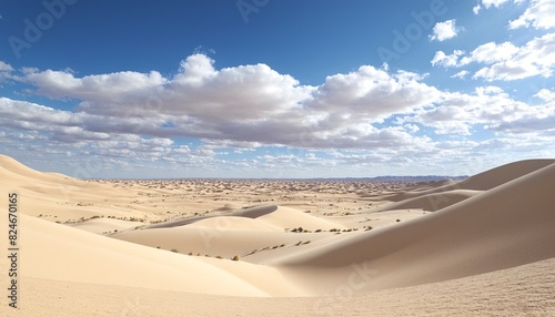 Pristine, untouched sand dunes stretch across a desert landscape, portraying the natural cleanliness of untouched terrain. Desert landscape view, desert oasis, vacation travel destinations, summer, su