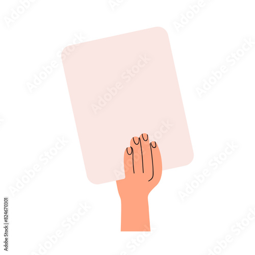 Hand holding blank paper sheet. Showing, presenting clean clear space on ad placard, card, poster background for announcement, information. Flat vector illustration isolated on white background