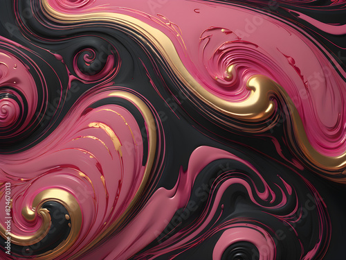A painting with pink, gold and black swirls, in the style of dark scarlet and light gold, liquid minimalist-core, use of precious materials, meticulous design, dark sanguine and pink. photo