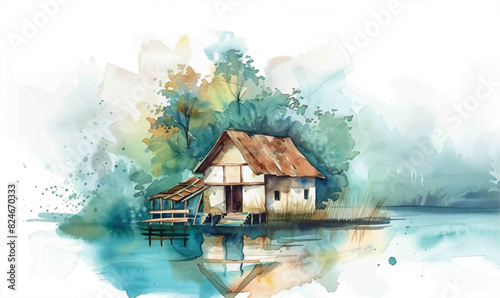 Landscape watercolor painting House in the forest Spring landscape with wooden house and lake dream painting