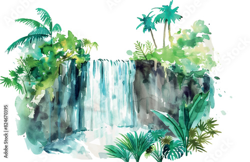 Watercolor illustration of waterfall in jungle vector
