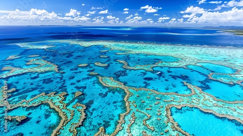 Fototapeta Naklejka Na Ścianę i Meble -  A breathtaking aerial view of a mesmerizing natural wonder, the world's largest coral reef, home to a diverse marine ecosystem and a popular vacation destination for nature lovers.