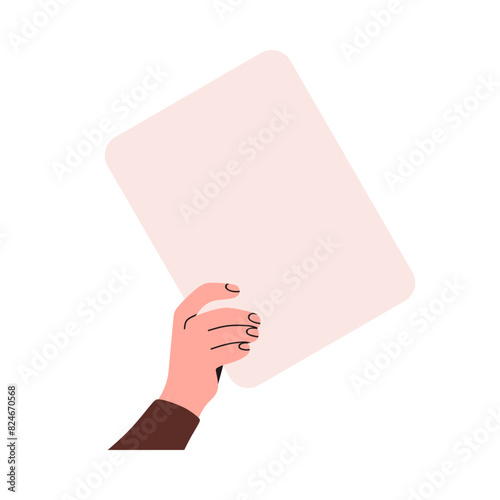 Hand showing blank paper, vertical background, space for ad. Holding clean clear card for announcement, information. Empty promotion placard. Flat vector illustration isolated on white background