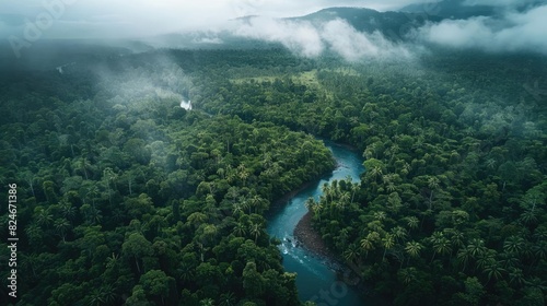 Aerial view of a winding river flowing through dense green rainforest under a cloudy sky  with mist and mountains in the background.