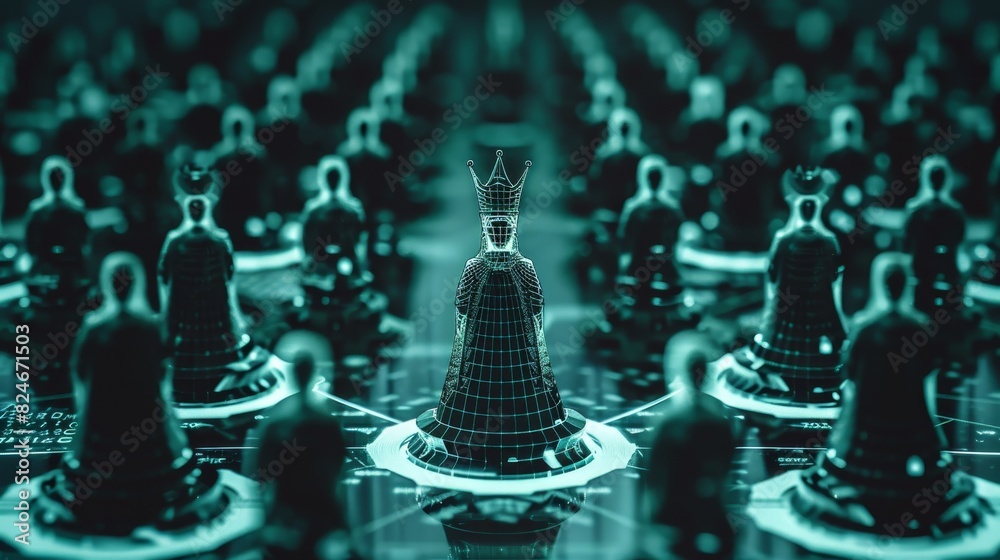 Digital chess queen standing out among pawns on a futuristic chessboard, highlighting leadership, strategy, and technology in an innovative concept. Digital chess queen standing out among pawns on a futuristic chessboard, highlighting leadership, strategy, and technology in an innovative concept.