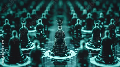 Digital chess queen standing out among pawns on a futuristic chessboard, highlighting leadership, strategy, and technology in an innovative concept.
