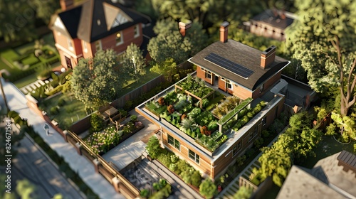 Craft an aerial view of a craftsman house with a rooftop vegetable garden