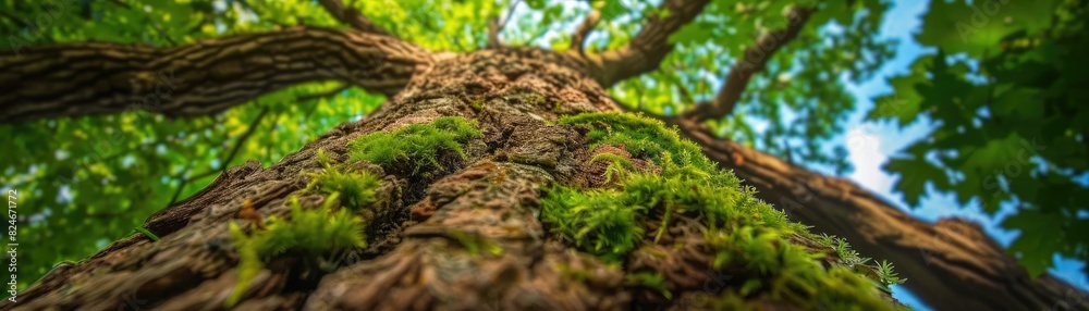 Close-up perspective of a tree trunk with moss and green leaves against a clear blue sky. Vibrant nature photography capturing the essence of the forest. Close-up perspective of a tree trunk with moss and green leaves against a clear blue sky. Vibrant nature photography capturing the essence of the forest.