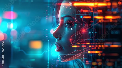 Wallpaper Mural Futuristic concept of artificial intelligence with a close-up of a female face integrated with digital circuits and data holograms. Torontodigital.ca