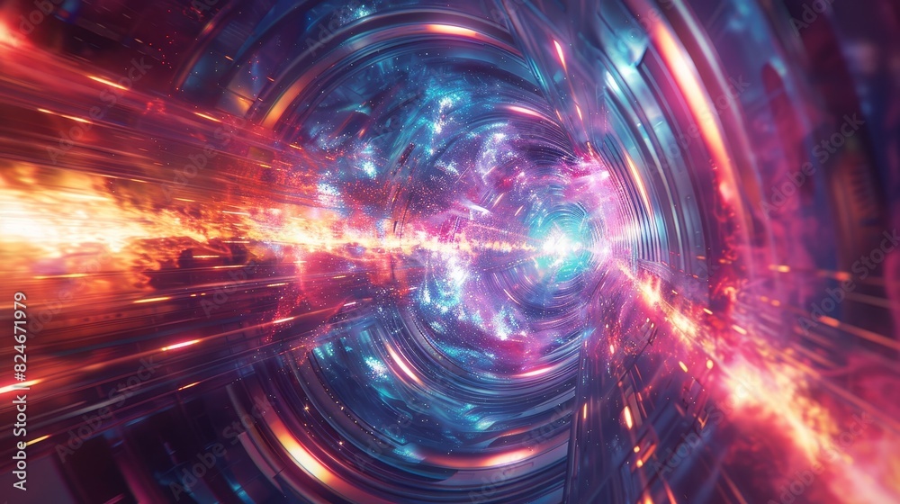 Obraz premium Futuristic glowing tunnel with vibrant colors and energy stream, representing science fiction, technology, and space travel concepts.