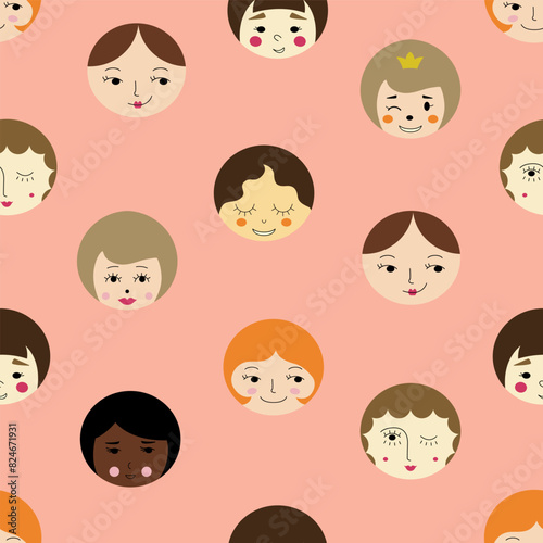 Surface pattern, attractive girlish faces. Repeating print, women visage. Bright colorful composition.
