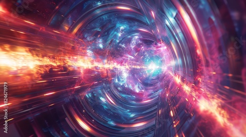 Futuristic glowing tunnel with vibrant colors and energy stream, representing science fiction, technology, and space travel concepts.