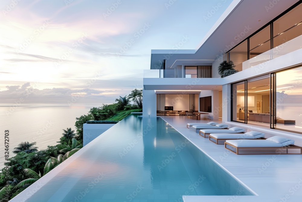 Obraz premium Luxurious Modern Villa with Infinity Pool Overlooking Ocean at Sunset