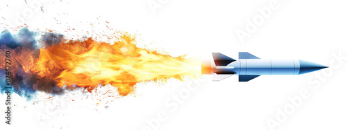 A missile rocket with fire trail isolated on the transparent background