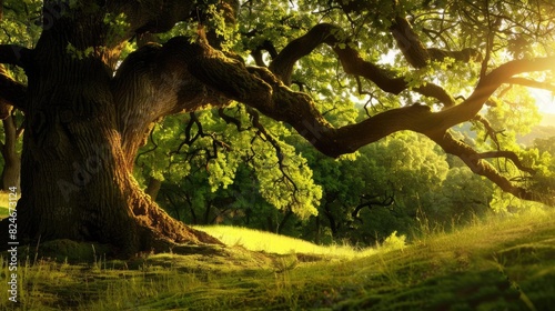 Serene landscape with a large  sprawling tree bathed in warm  golden sunlight  casting long shadows on the grassy field.