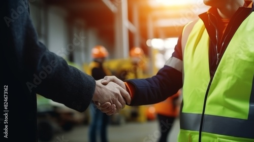 Engineers in green helmet and the best greetings with the warm handshake team Visit the website Modern construction and engineering concepts Safety at work in production and construction sites photo