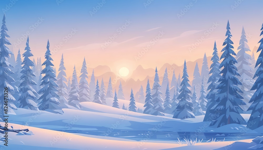 Winter Morning Over Siberian Taiga Vector Art Background