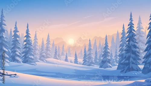 Winter Morning Over Siberian Taiga Vector Art Background © Anarkali Art