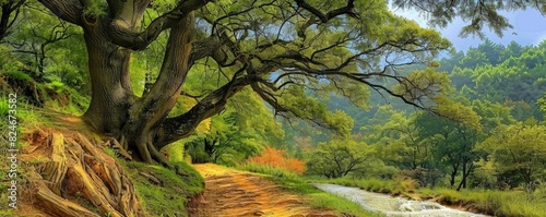 Idyllic landscape with a lush green forest, a winding path, and a serene river flowing through, captured during springtime.