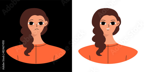 Concept of emotions before and after. Cartoon cute girlish face. Woman with a sad and joyful face. Isolated vector.