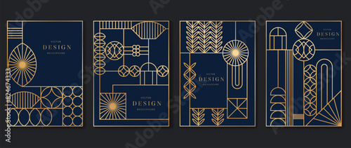 Geometric line pattern poster design vector. Set invitation card of abstract art decor design on dark blue background. Use for wedding invitation, cover, VIP card, print, gala, wallpaper.
