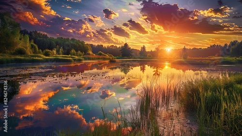 Breathtaking dawn over a picturesque scenery featuring vibrant clouds, foliage, meadows, and shimmering water mirroring the radiant sun.