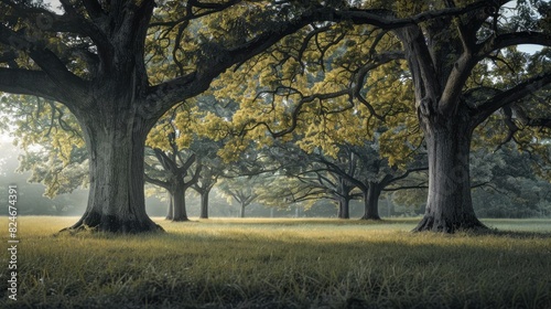 Majestic oak trees in a serene park bathed in soft morning light creating a beautiful and peaceful natural landscape. photo