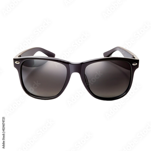 A pair of black sunglasses with blue lenses on transparent background