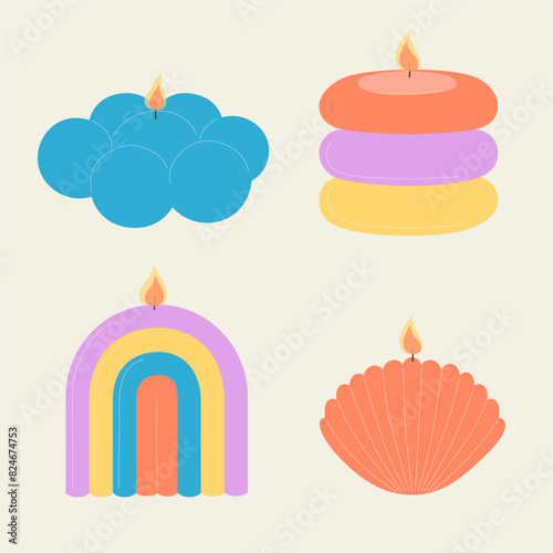 Modern hand drawn candles set. Set of colored candles of different shapes and sizes. Soy wax, sculptural, artisan, aesthetic candles. Vector flat illustration isolated on background.