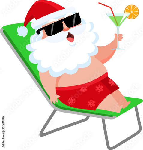 Happy Summer Santa Claus Cartoon Character Lying In Deck Chair And Drinking Cocktail. Vector Illustration Flat Design Isolated On Transparent Background