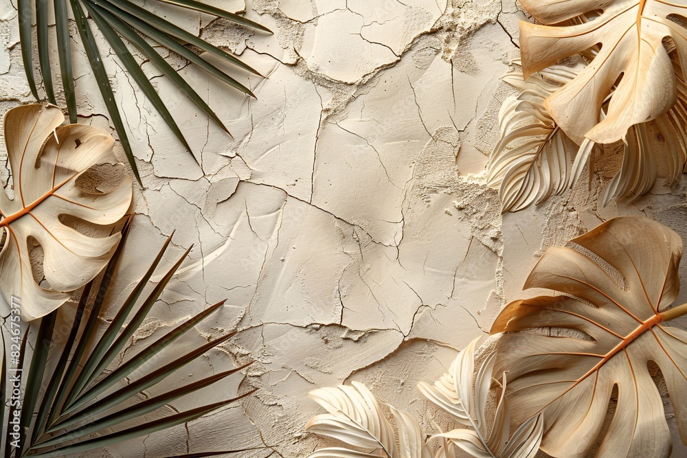 Exotic foliage product showcase featuring Weathered rock on a Neutral backdrop studio for beauty or skincare design layout. Exotic foliage product showcase featuring Weathered rock on a Neutral backdrop studio for beauty or skincare design layout.