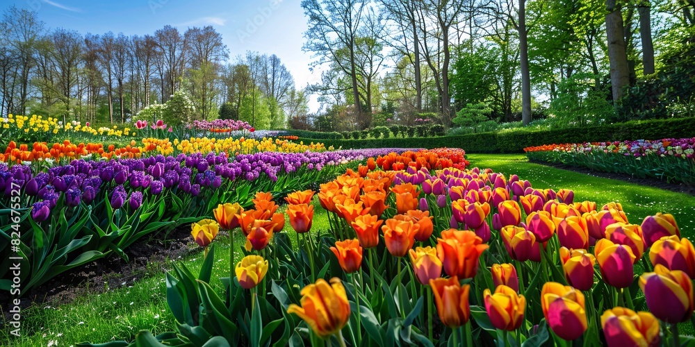 Vibrant Dutch flower fields in the tulip region close to a Danish village. Vibrant Dutch flower fields in the tulip region close to a Danish village.