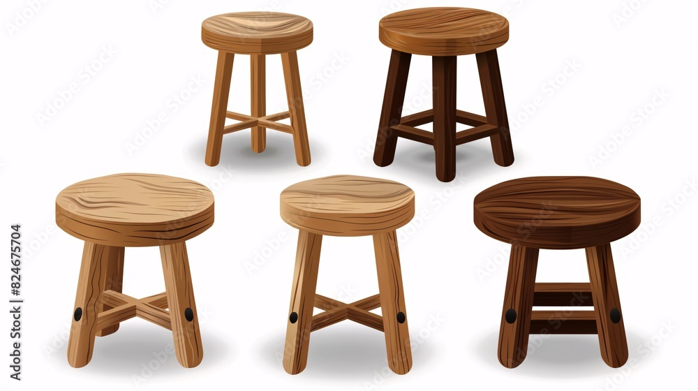 Set of wooden stools depicted in a standalone illustration on a blank backdrop. Set of wooden stools depicted in a standalone illustration on a blank backdrop.