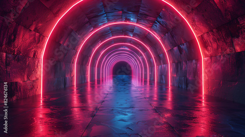 Abstract background tunnel of glowing arcs 3D photo