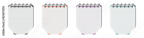 3d spiral business notebook board set with lined page. Black, orange, lila, green notepad vector illustration. Colorful notebook collection to use for education, business, school projects. 