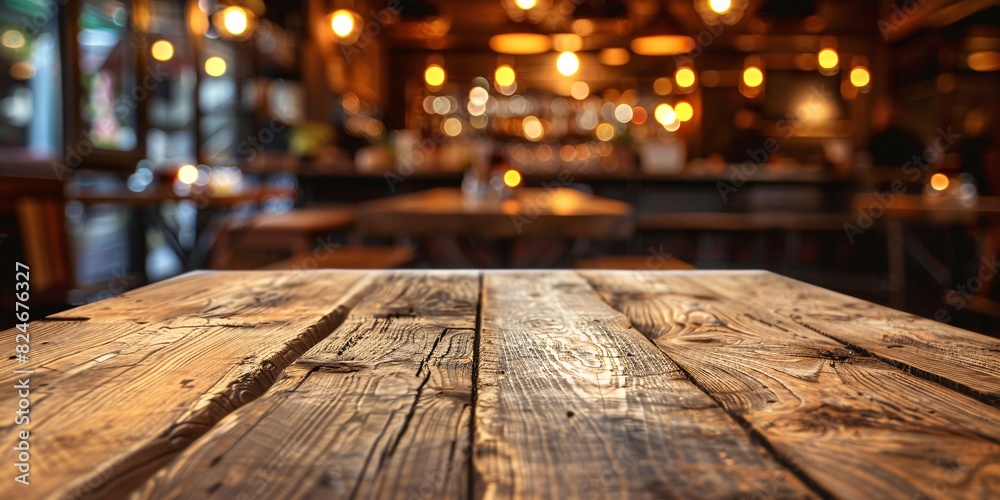 Abstract blurred cafe background with a wooden board on an empty table. Abstract blurred cafe background with a wooden board on an empty table.