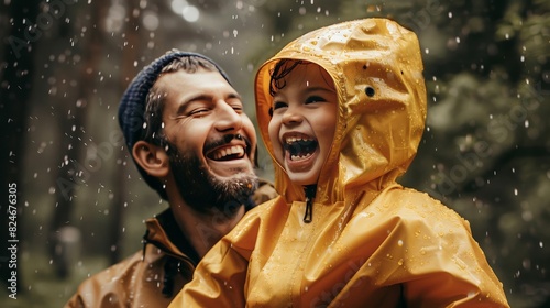 Dad and child sharing a raincoat, their faces lit up with joy as they enjoy a rainy day outside. The special bond between father and child is evident.