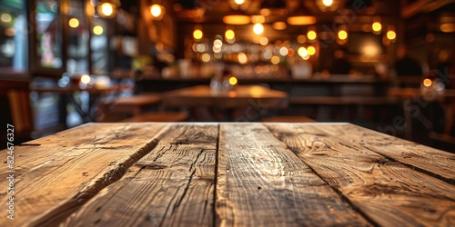 Abstract blurred cafe background with a wooden board on an empty table.