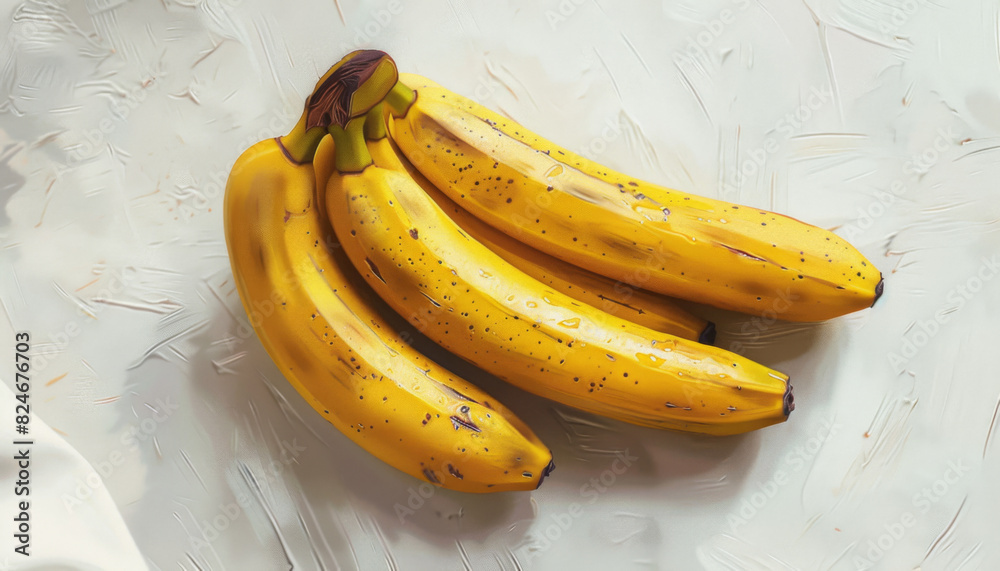 A bunch of bananas are sitting on a white surface A bunch of bananas are sitting on a white surface