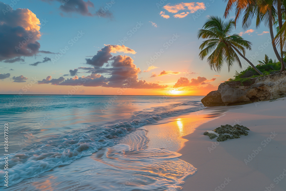 On the white beach of a Caribbean island of Barbados, a beautiful sunset unfolds over the sea with a view of palms