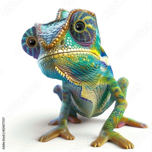 Colorful Cartoon Chameleon inquisitively peering  standing alone on white 