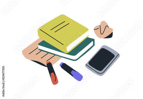 Book, notebook, crumpled paper and mobile phone for education and study. Notebook, diary, smartphone for learning. Textbooks, notes composition. Flat vector illustration isolated on white background
