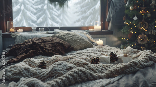 A Scandinavian winter bedroom with a chunky knit blanket, pinecone decorations, and a reindeer hide.  photo