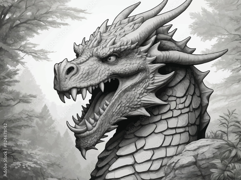 The coloring page, a dragon head, and neck are the subject, the setting is outdoor playing design. The coloring page, a dragon head, and neck are the subject, the setting is outdoor playing design.
