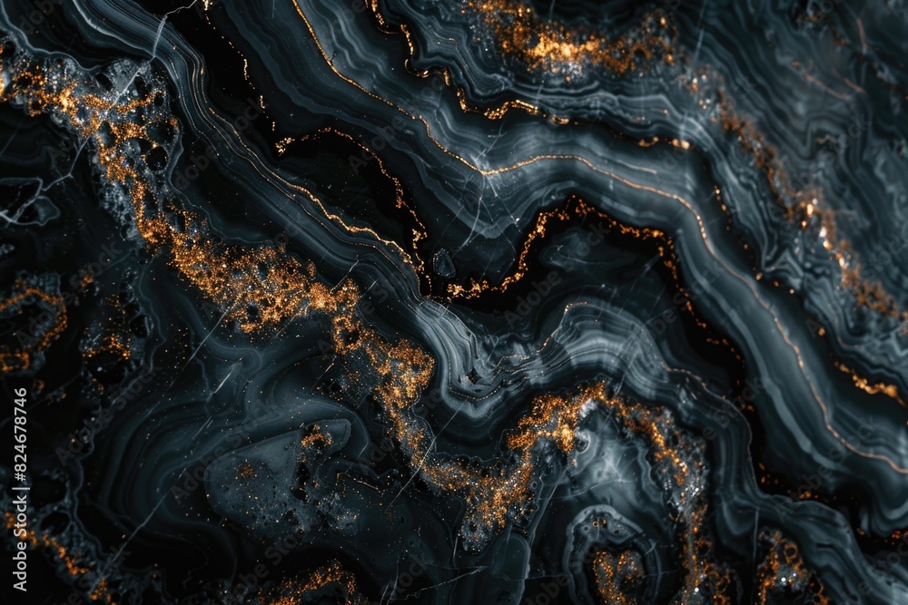 Detailed shot of black and gold marble surface, suitable for backgrounds or textures Detailed shot of black and gold marble surface, suitable for backgrounds or textures